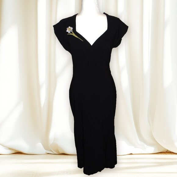 Stop Staring Bodycon Wiggle Pencil Dress L Embroidered Floral Retro Rockabilly - Picture 2 of 6